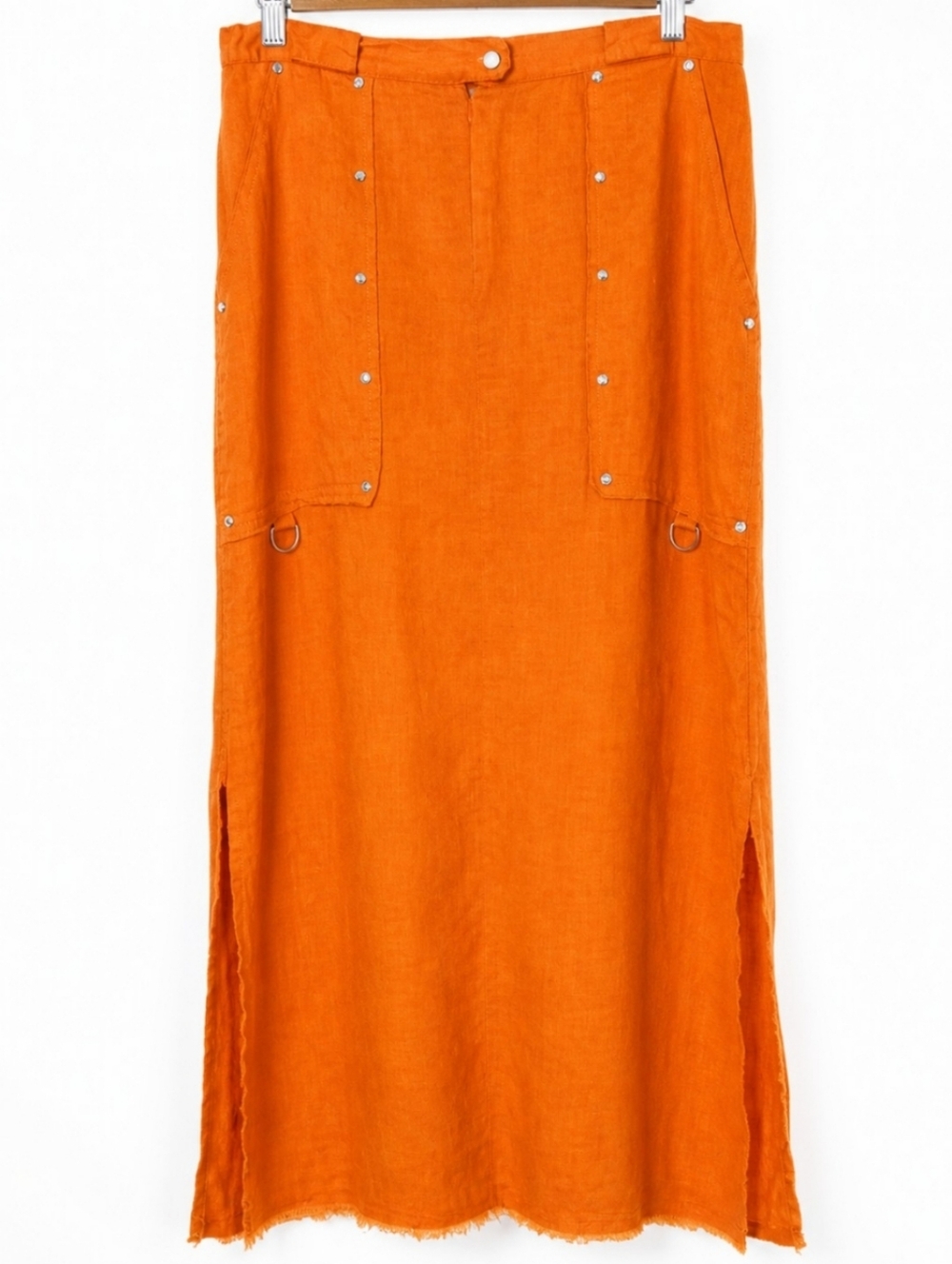 Vladim Italy Orange 100% Linen Maxi Skirt Raw Hem Side Slits IT 46